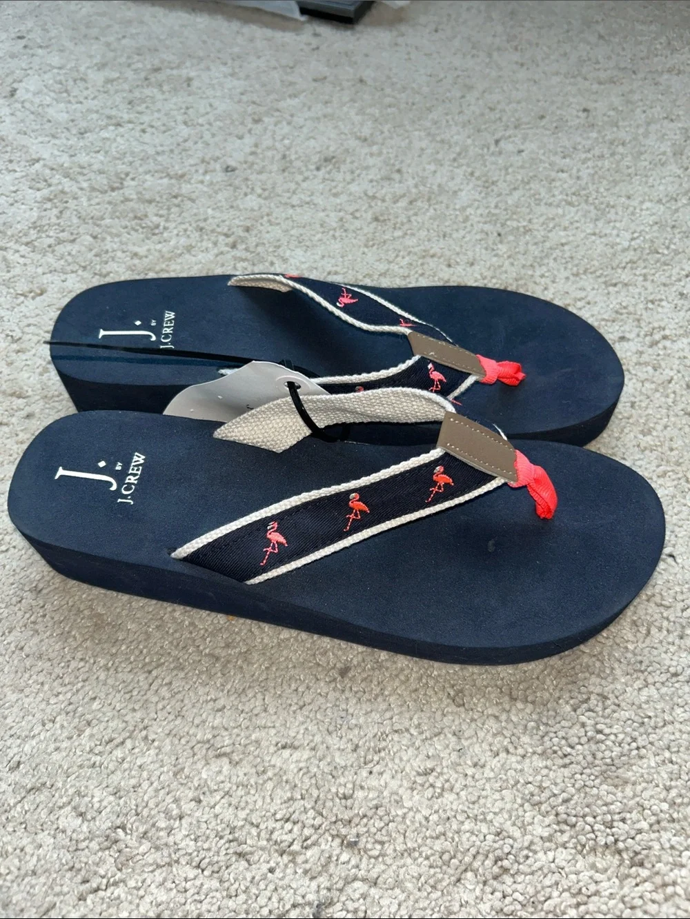 J. Crew Navy Platform Flip Flops with Coral Flamingo Embroidery